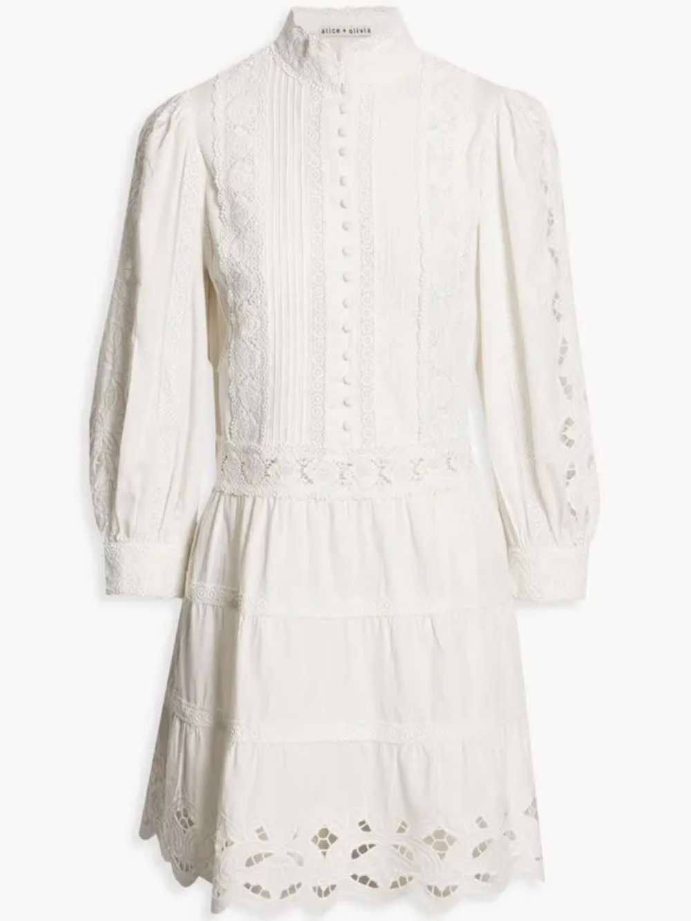 Alice + Olivia Clark Pintucked Broderie Anglaise Cotton Mini Dress - size small - Picture 3 of 5